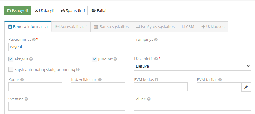 Naujo kliento sukūrimo langas su PayPal integracija